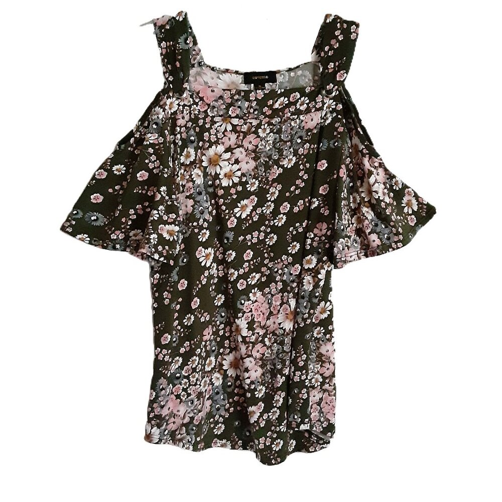 Espresso Misses Blouse MED Cold Shoulder Whimsical Fairy Floral Short Sleeve